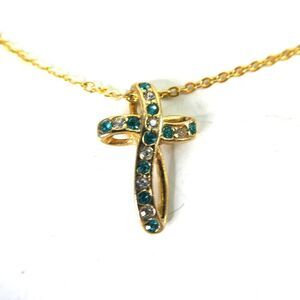 Gold Tone Cross Rhinestone Blue Teal Pendant Chain Necklace 18" Faith Christian